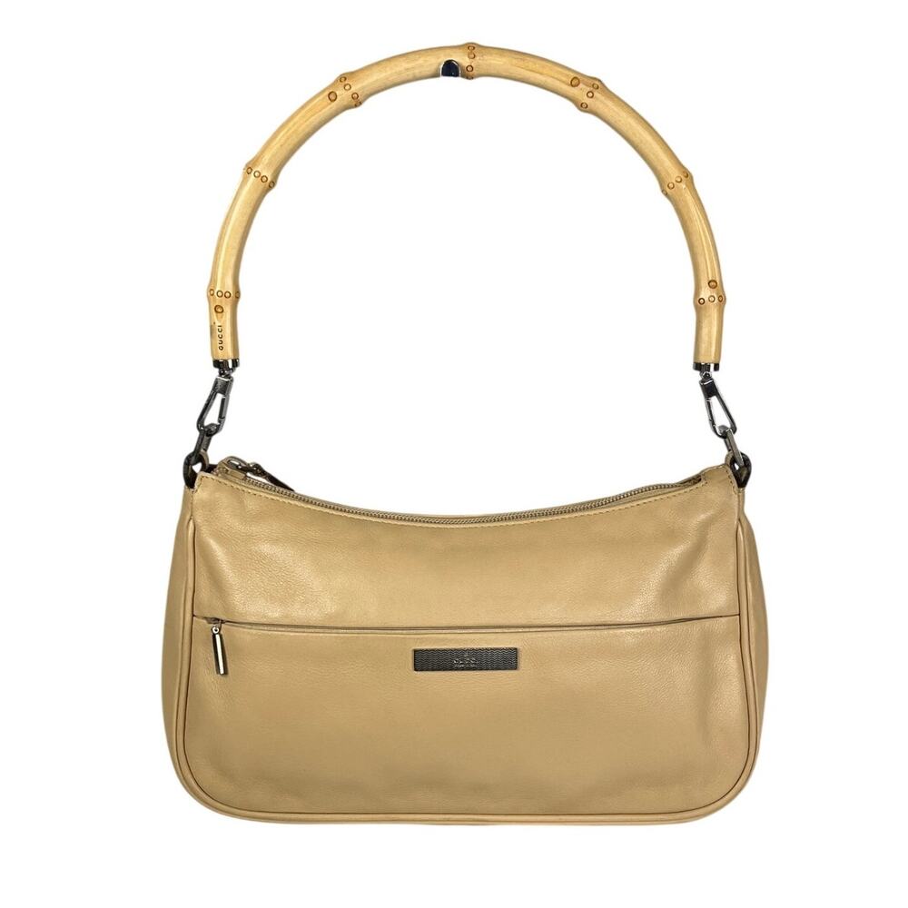 Gucci Vintage Bamboo Handle Beige Leather Shoulder Bag Hobo Made in Italy